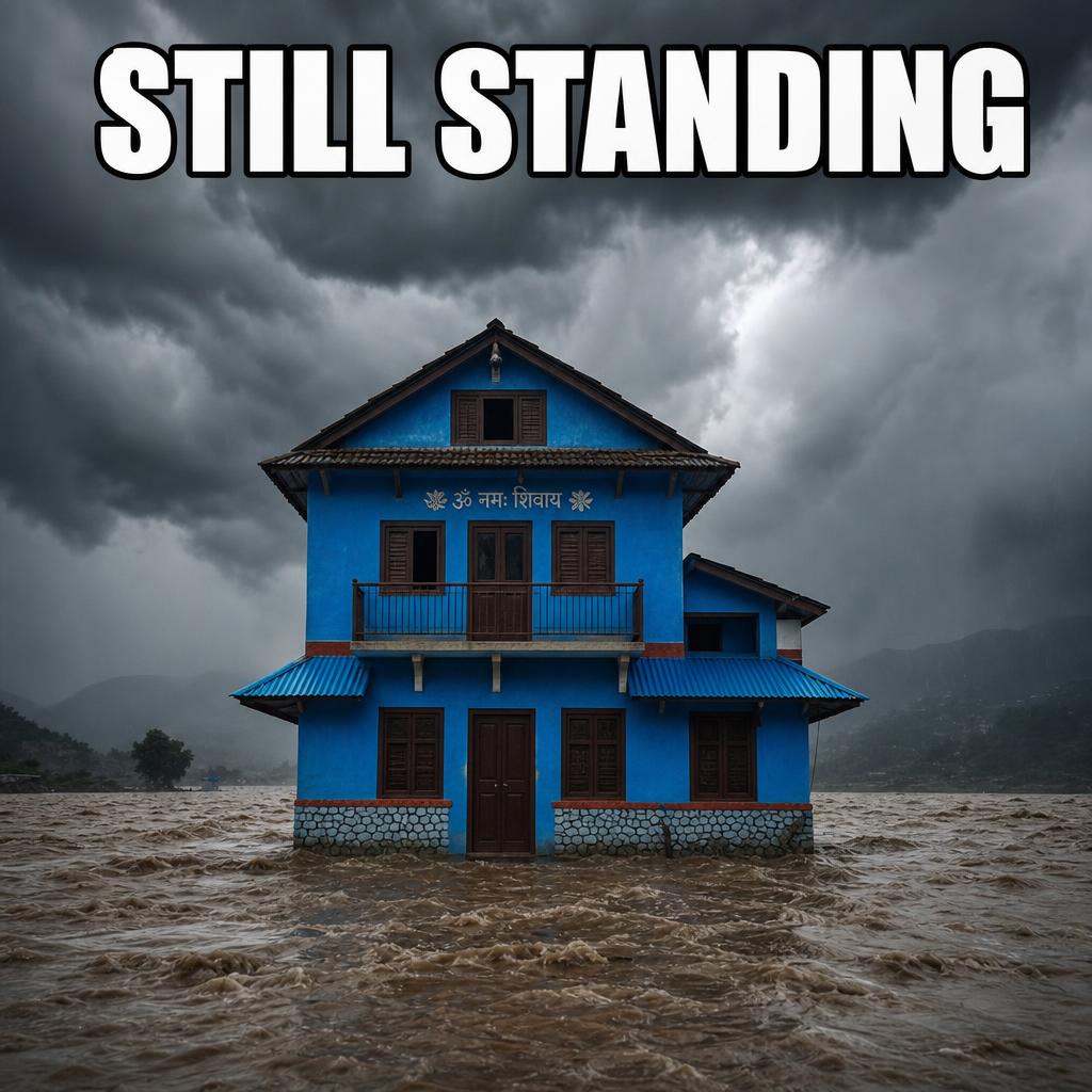Blue house still standing in floodwater meme