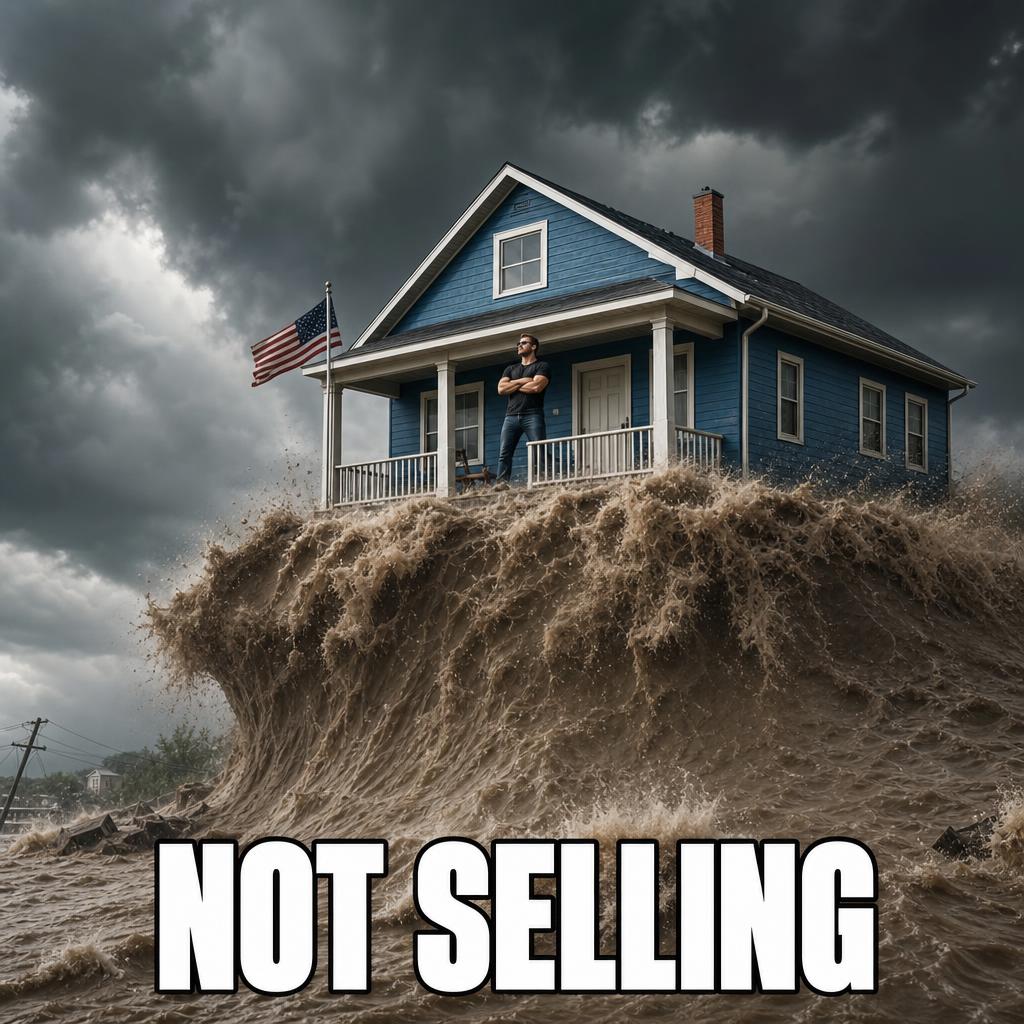 Blue house riding a flood wave meme