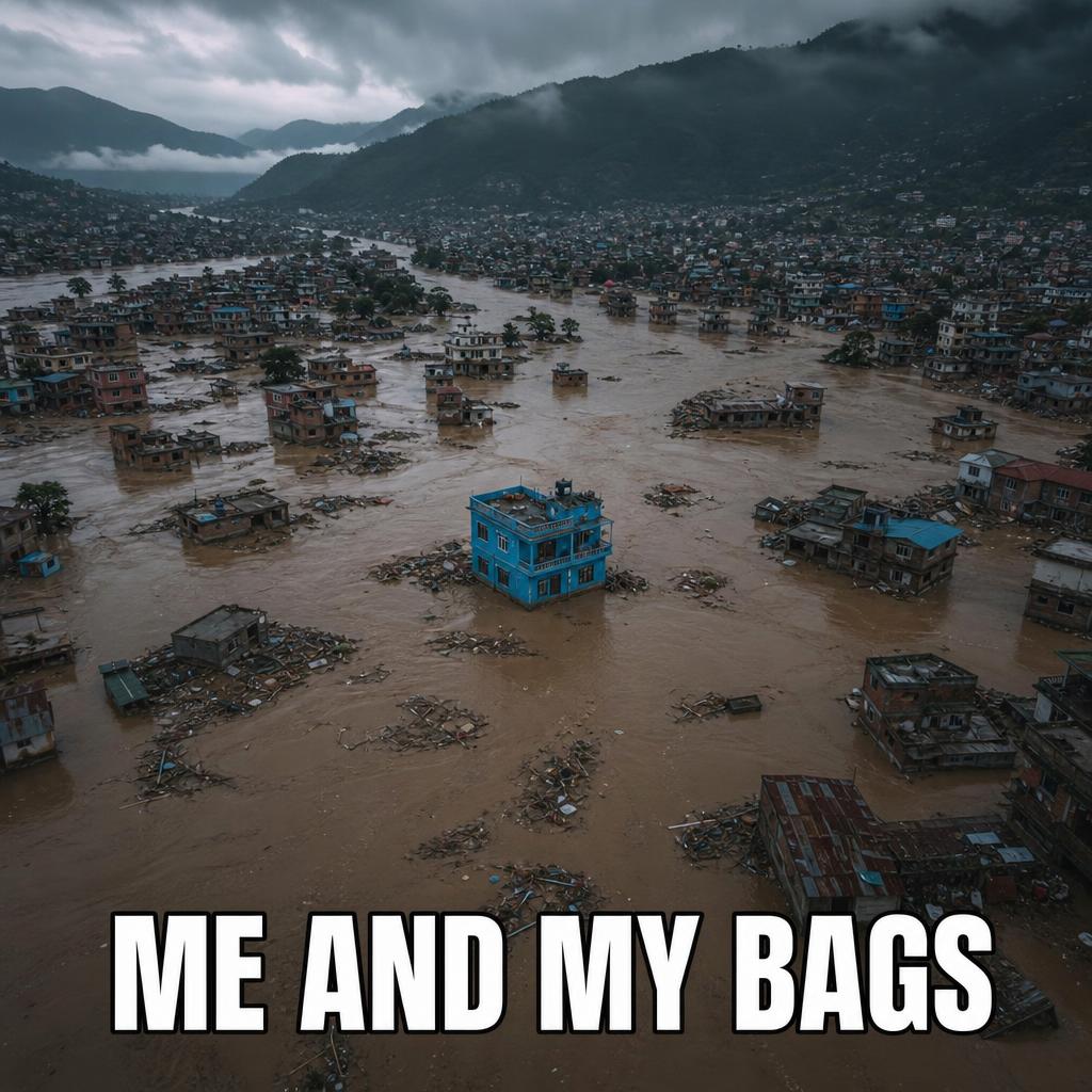 Aerial view of the miracle house in a flooded town meme